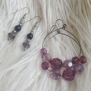 Crystal Beaded Dangle Purple Earring. Black And Silver Tone Dangle Drop Earrin🌴
